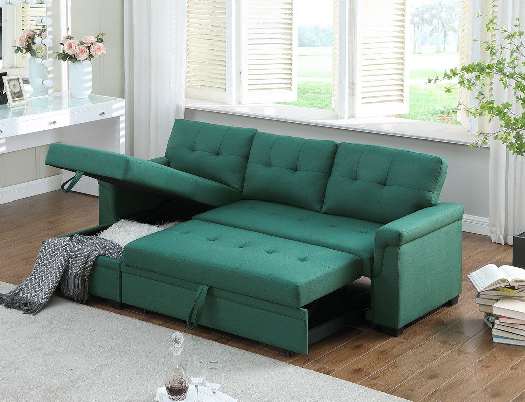 Lucca 84"W Green Linen Reversible Sleeper Sectional Sofa with Storage Chaise
