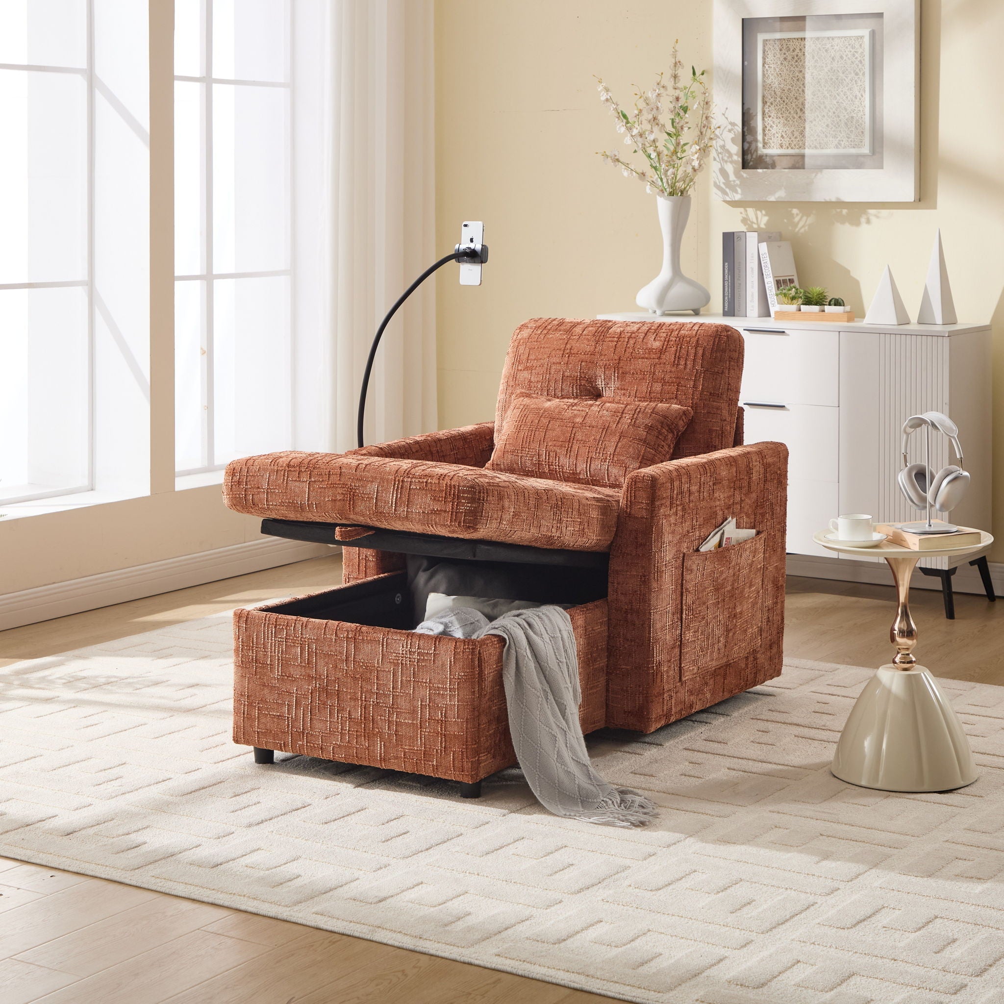 Multifunctional Chenille Recliner Sofa With Storage And Phone Bracket