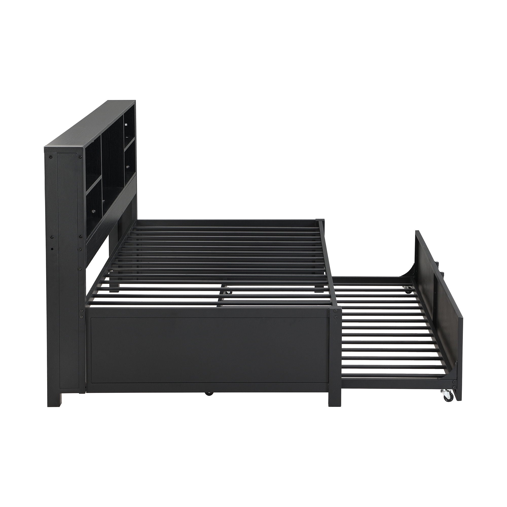 Industrial Metal Daybed With Trundle, Storage Shelves, USB Ports