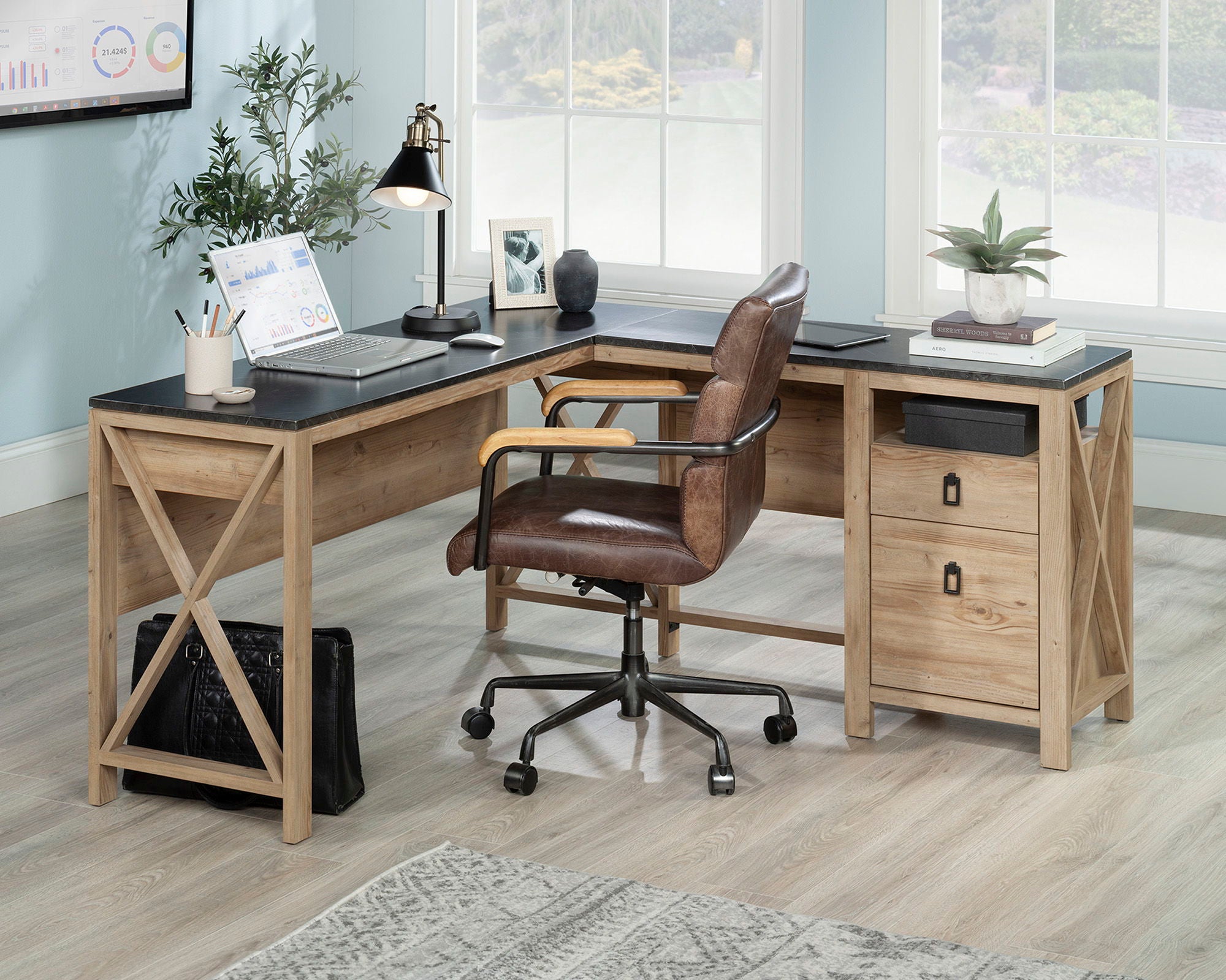 L-Shaped Desk with Drawers in Khaki Pine