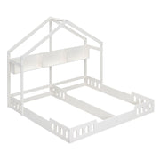 Twin Size Platform Bed With Shared Design, Guardrails, And Built In Shelves - Creamy White