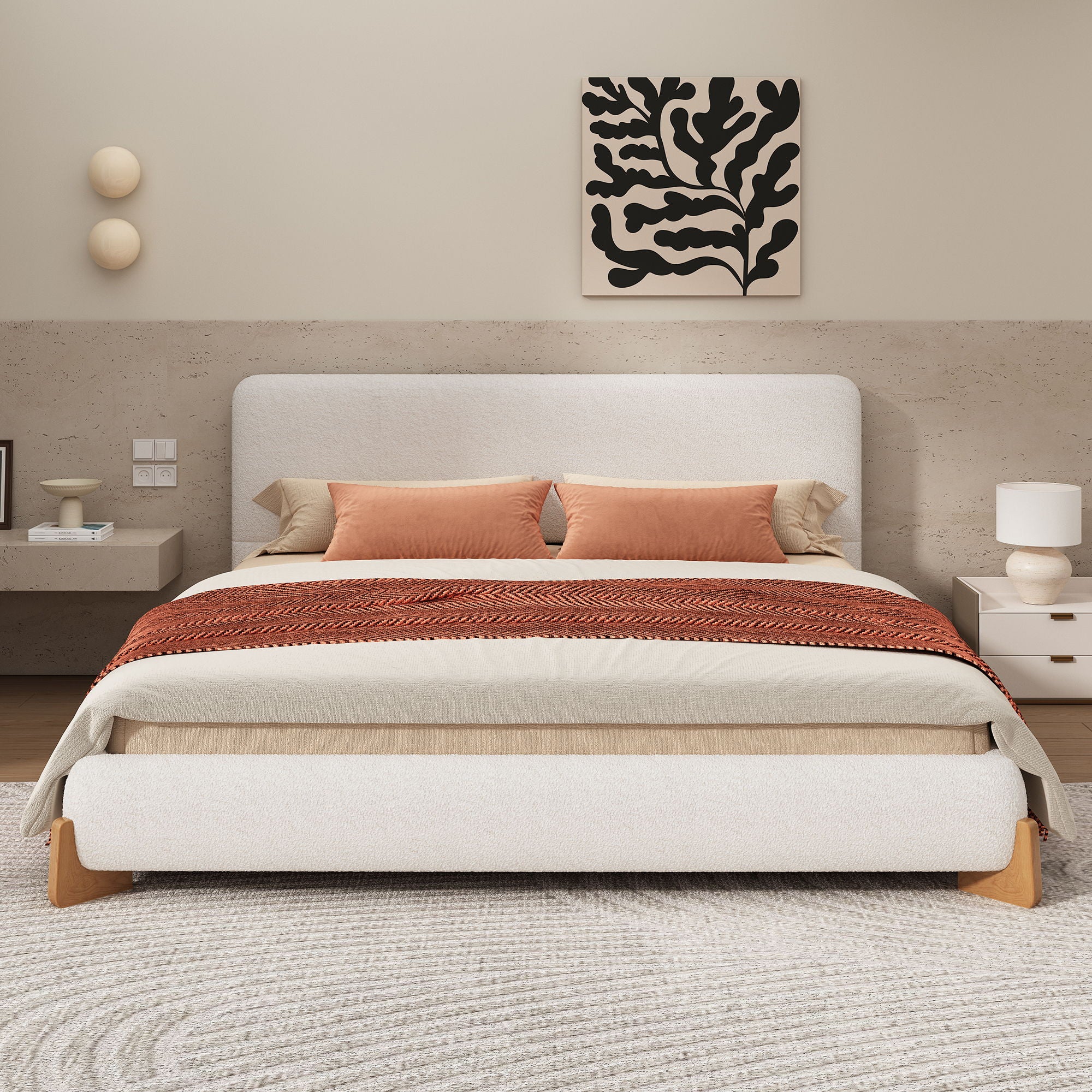 Elegant Boucle Upholstered Bed With Solid Wood Feet