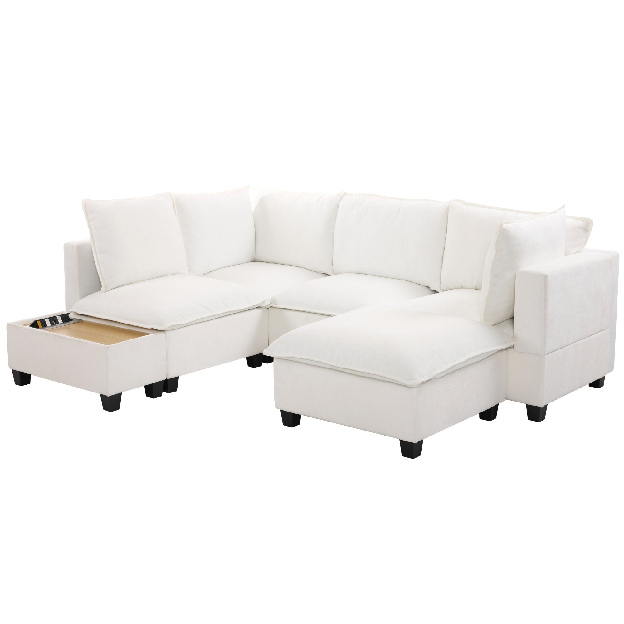 U-Shaped Sectional Modular Sofa With A Movable Ottoman, A Coffee Table With Hidden Charging Devices For Living Room