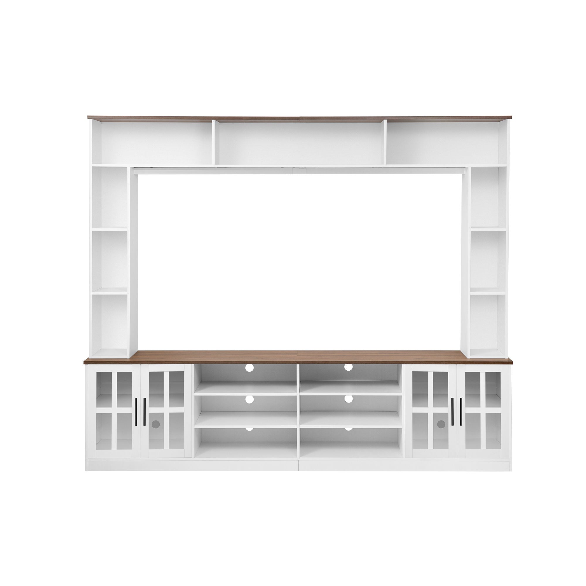 Wall Unit Entertainment Center With Bookshelves For TVs Up To 80", Tempered Glass Doors And Adjustable Shelves