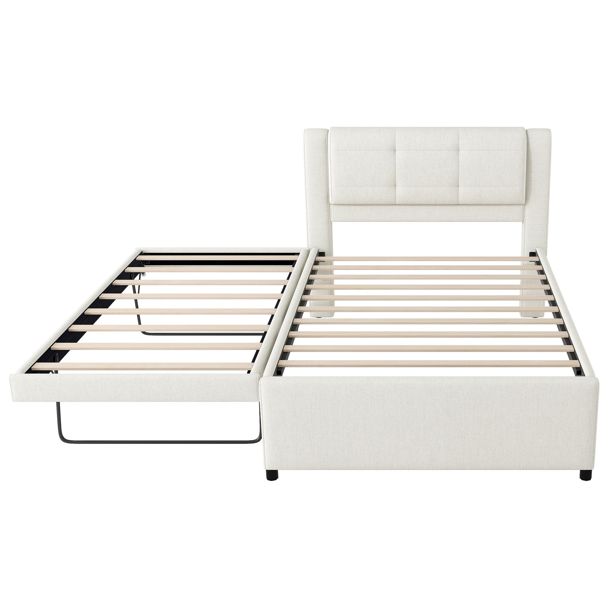 Full Size Upholstered Platform Bed With Adjustable Trundle - Beige