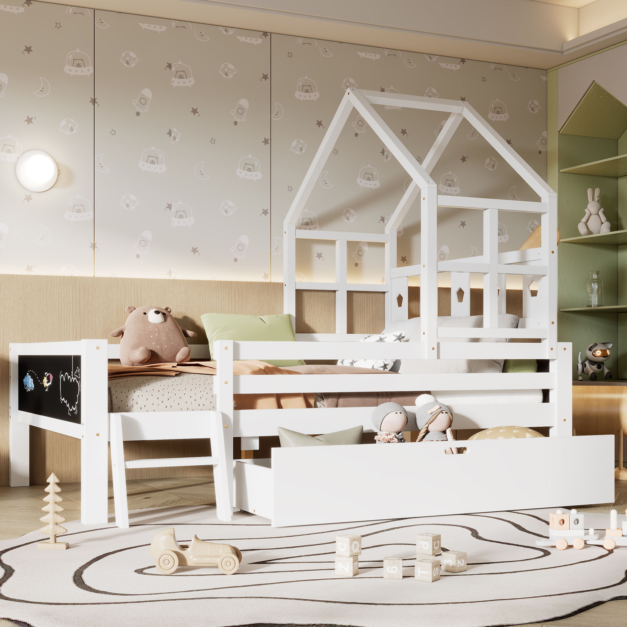 House Bed With Ladder And Storage Drawers Platform With Blackboard, No Box Spring