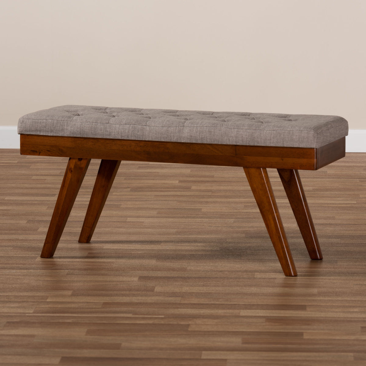Alona Mid-Century Modern Light Grey Fabric Upholstered Wood Dining Bench