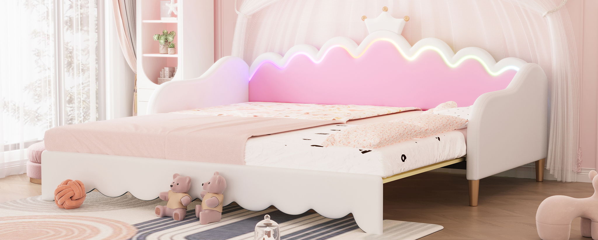 Extending Daybed With LED Lights, Modern Upholstered Princess Daybed With Crown Headboard