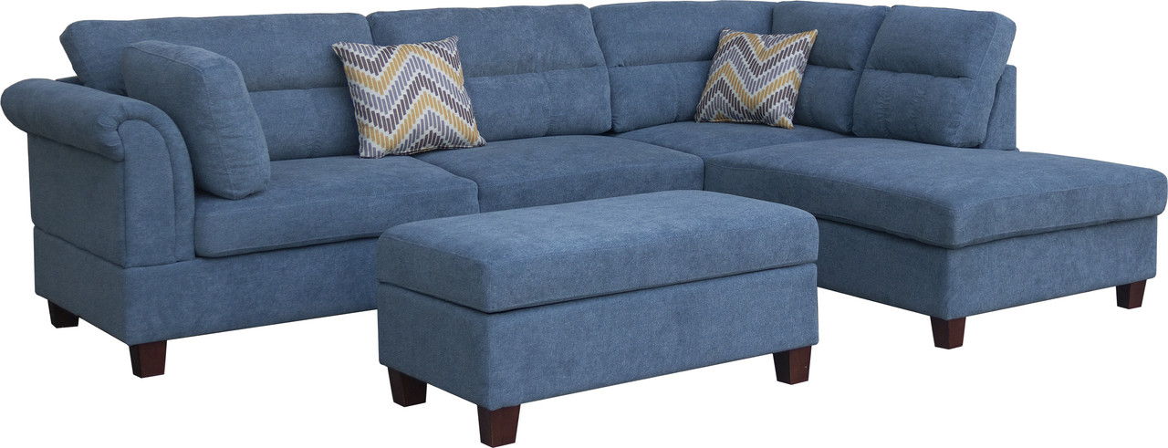 Diego 103.5"W Blue Fabric Sectional Sofa with Right Facing Chaise, Storage Ottoman, and 2 Accent Pillows