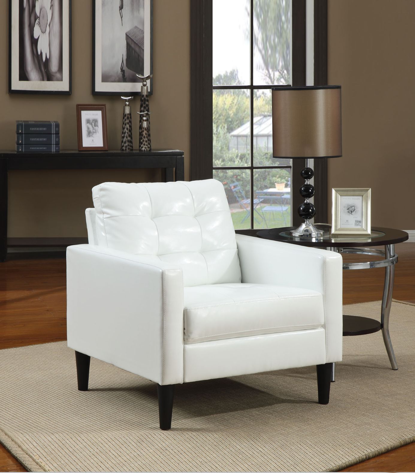 ACME The Balin Upholstered accent chair features strong lines and tufted cushions. The faux leather upholstery is available in Espresso or White Finish. Change your seating and style game with this one piece. | Meri Furniture