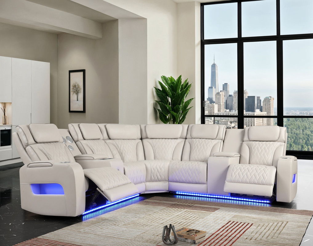 Jazz 117"W Ice Leather Aire Transformer Power Reclining Sectional Sofa with Power Headrest, Bluetooth Speakers, LED Lights, USB & USB-C Ports, Storage & Cupholders