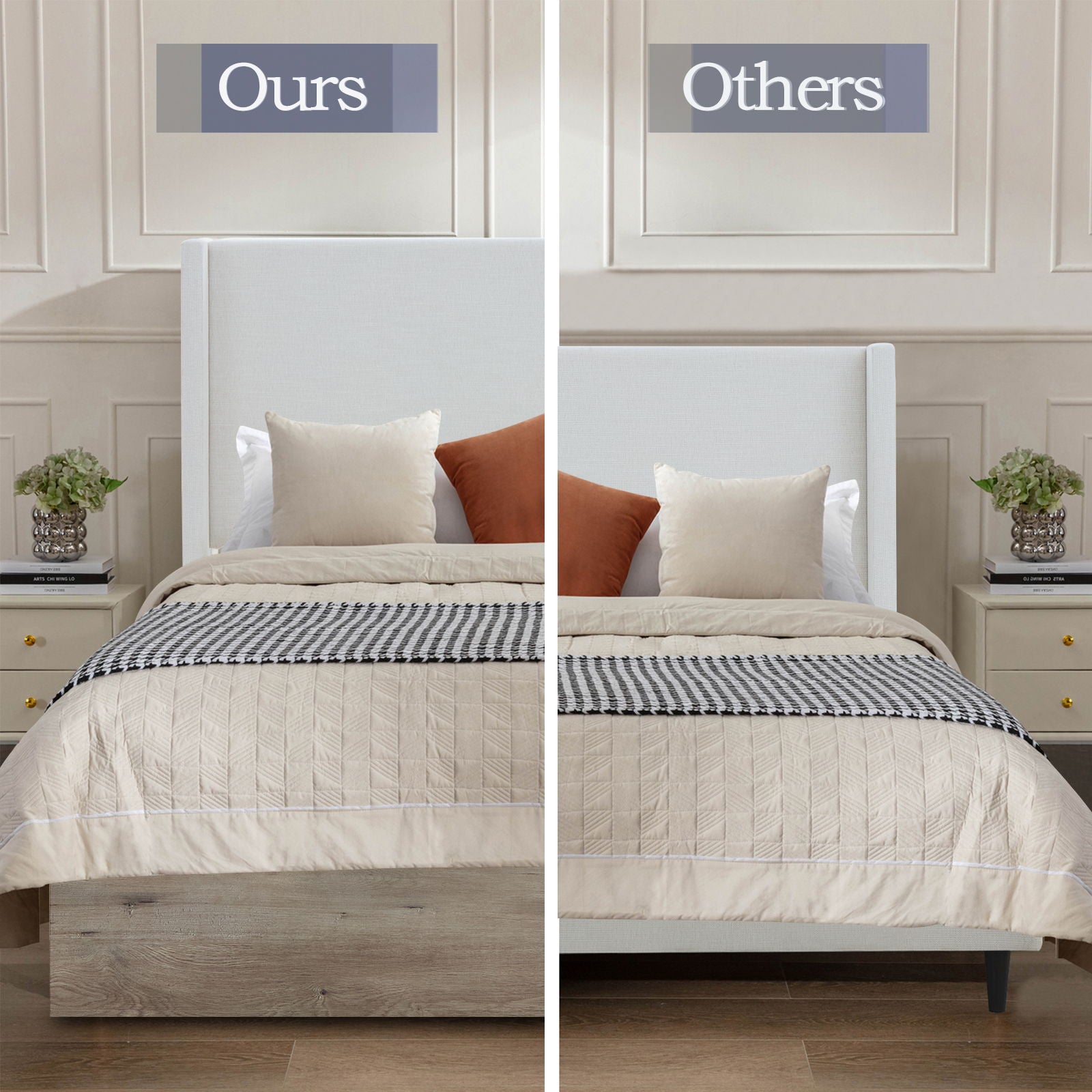 Shelton - Queen Upholstered Wingback Bed With 54" High Headboard - Ivory / Light Gray / Camel Oak