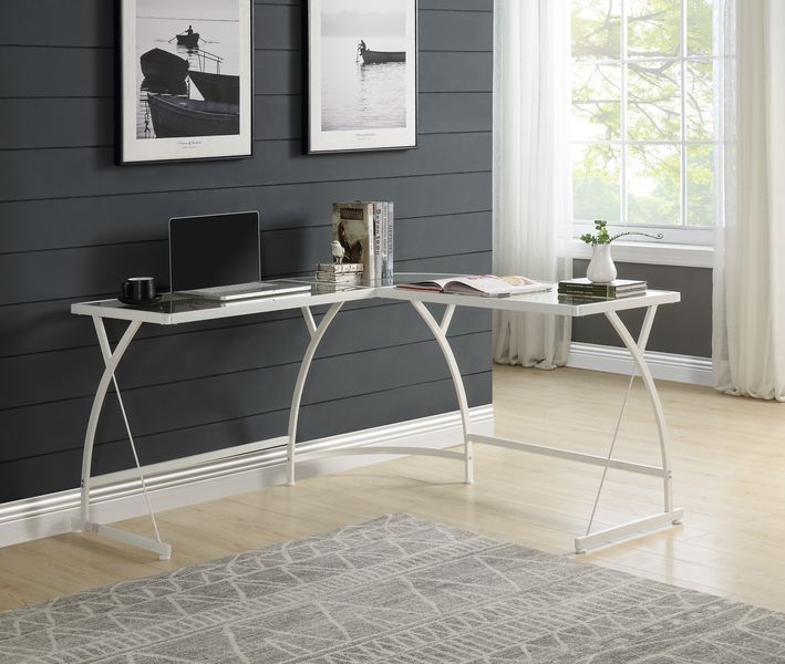 ACME Corner Computer Desk Orientation: "L" Shape Metal Frame BaseRectangular Table Top w/Tempered Glass | Meri Furniture