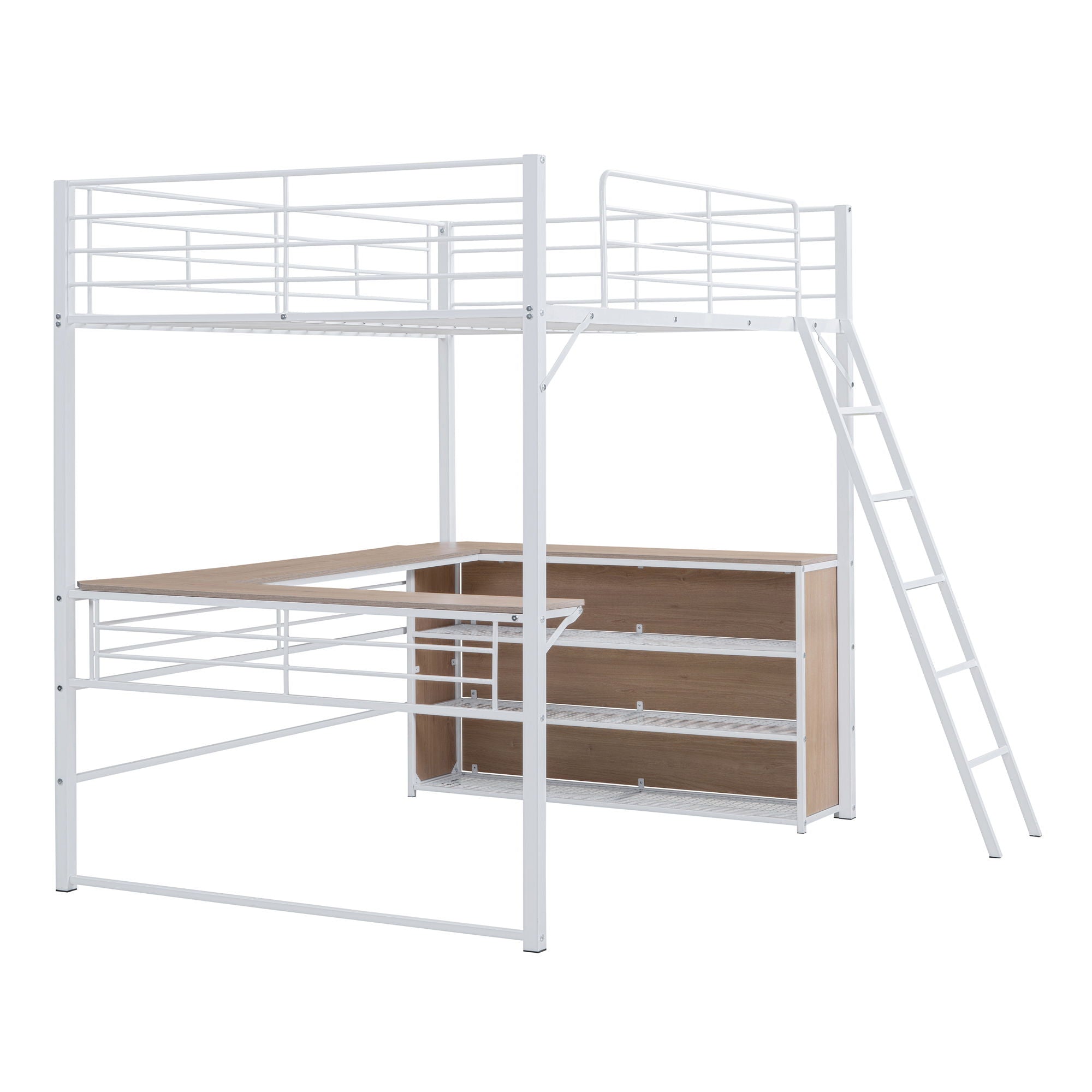 Loft Bed & 3 Layers Of Shelves And L-Shaped Desk