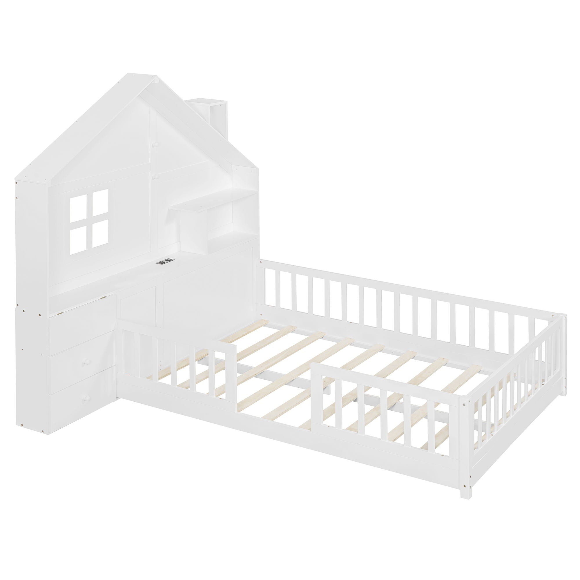 Full Size House Bed With Window And Bedside Drawers, Platform Bed With Shelves And A Set Of Sockets And USB Port - White