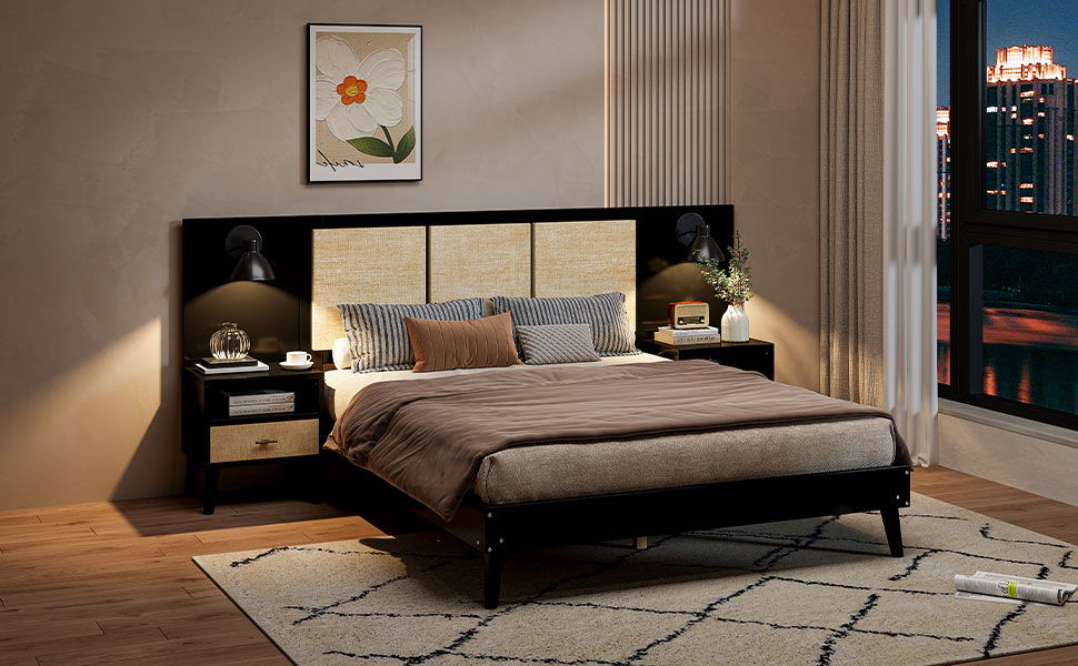 Bed Frame With 2 Nightstands Elegant Design With Lamps