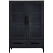 Modern Style Tall Display Cabinet With LED Lighting, Tempered Glass Door, 2 Drawers