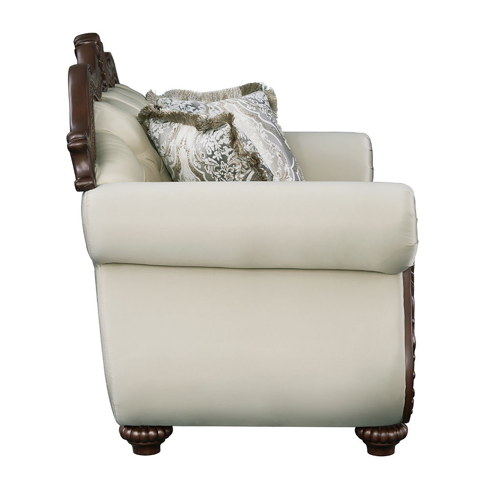 ACME Pierce - Loveseat With 3 Pillows - Beige Fabric & Cherry Finish | Meri Furniture