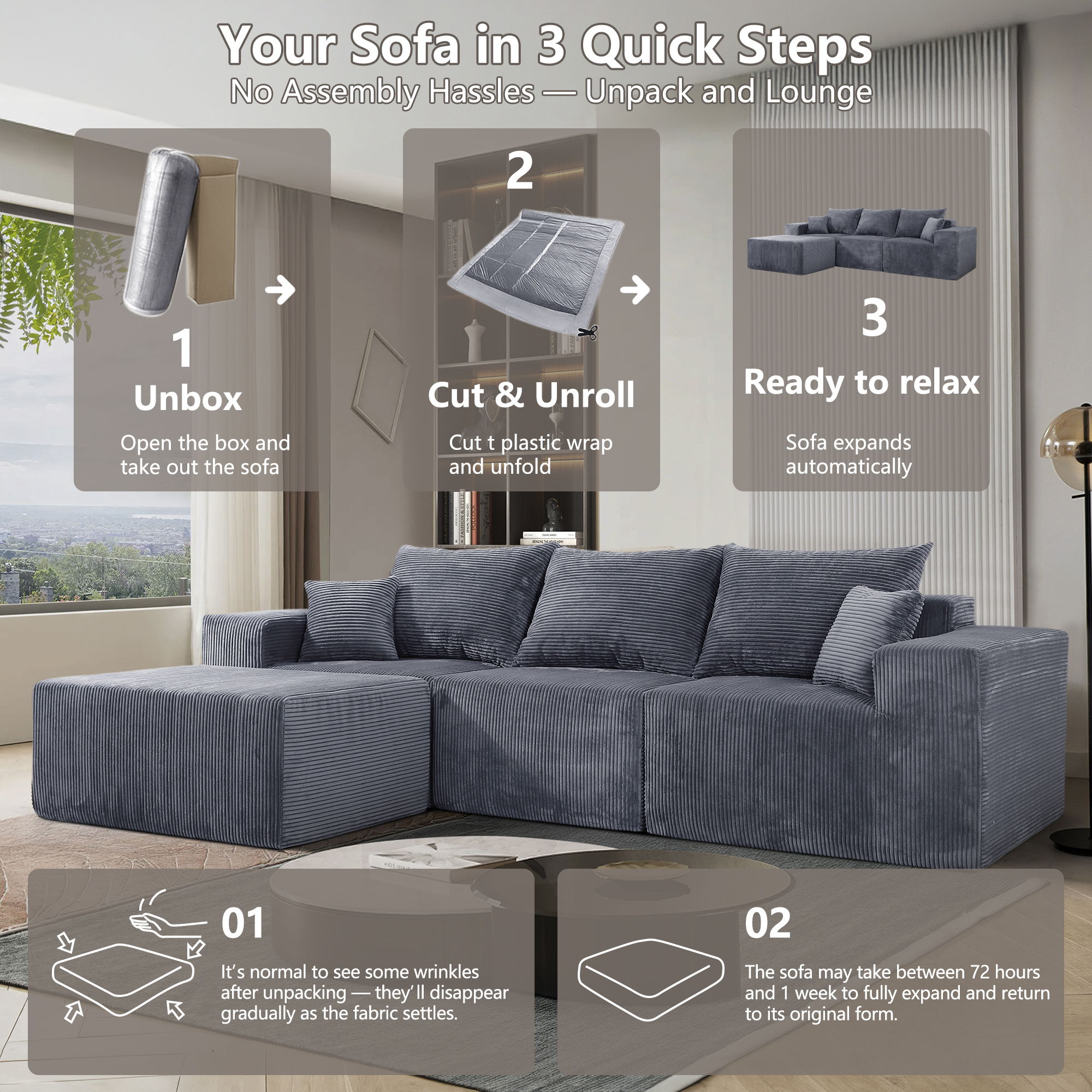 Modular Sectional Sofa, Convertible Couch With Chaise Corduroy