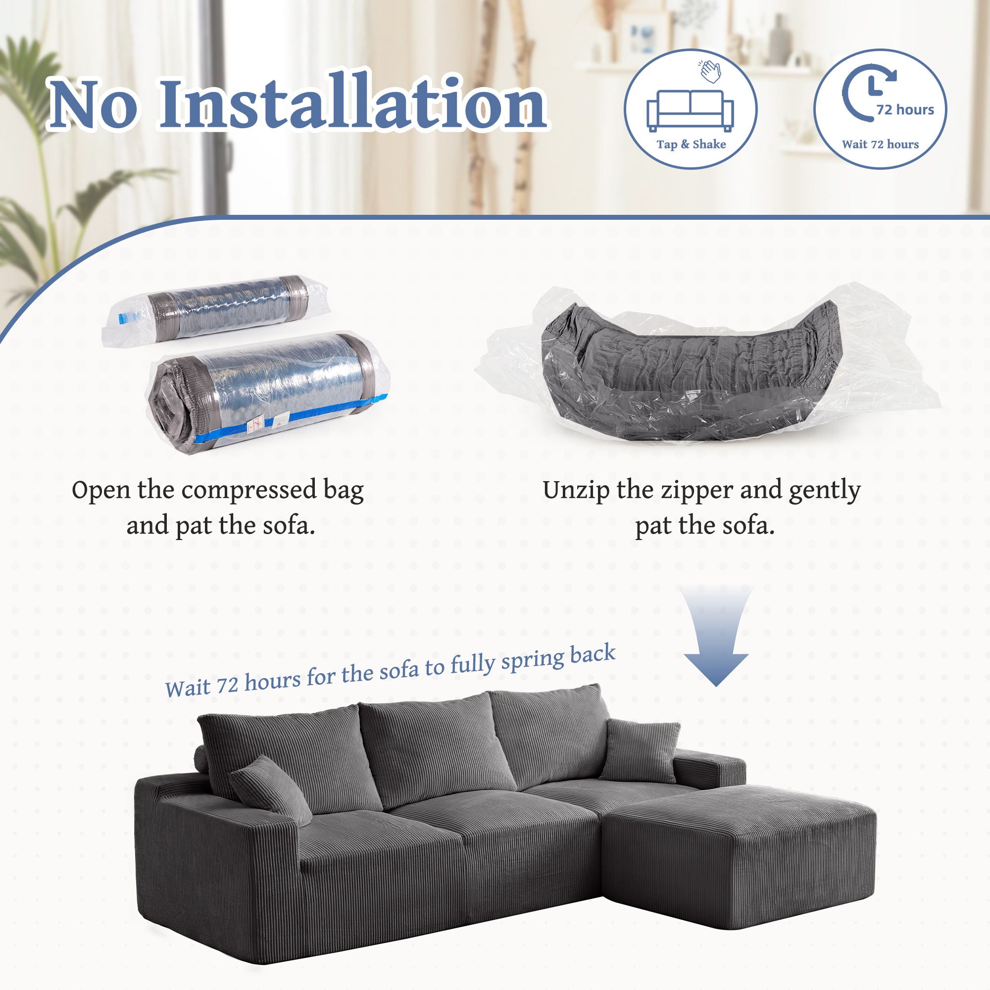 L Shaped Sectional Sofa, Full Compression 3 Seater Cloud Couch With Chaise