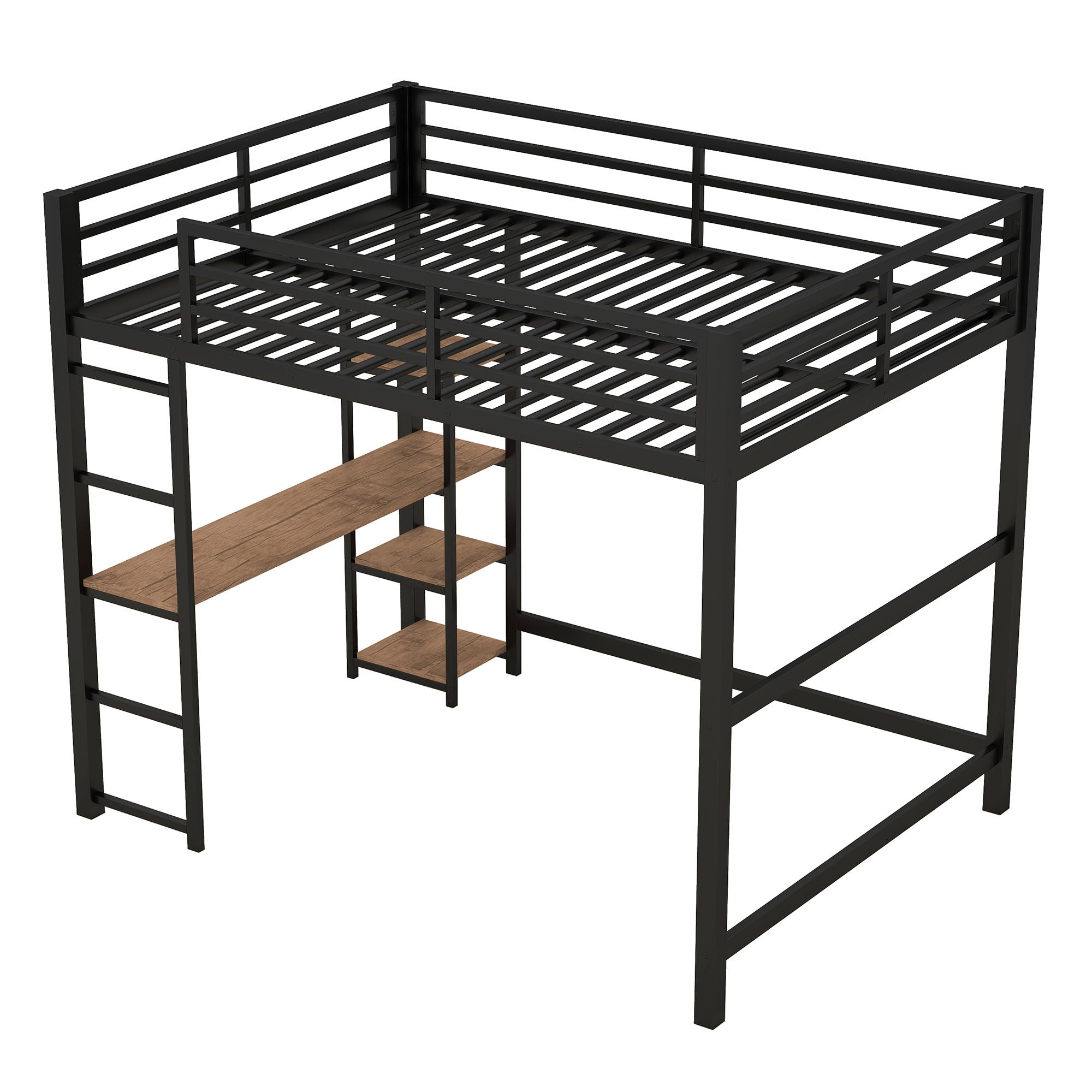 Loft Bed With Built In Desk And Storage Shelves, Full Size - Black