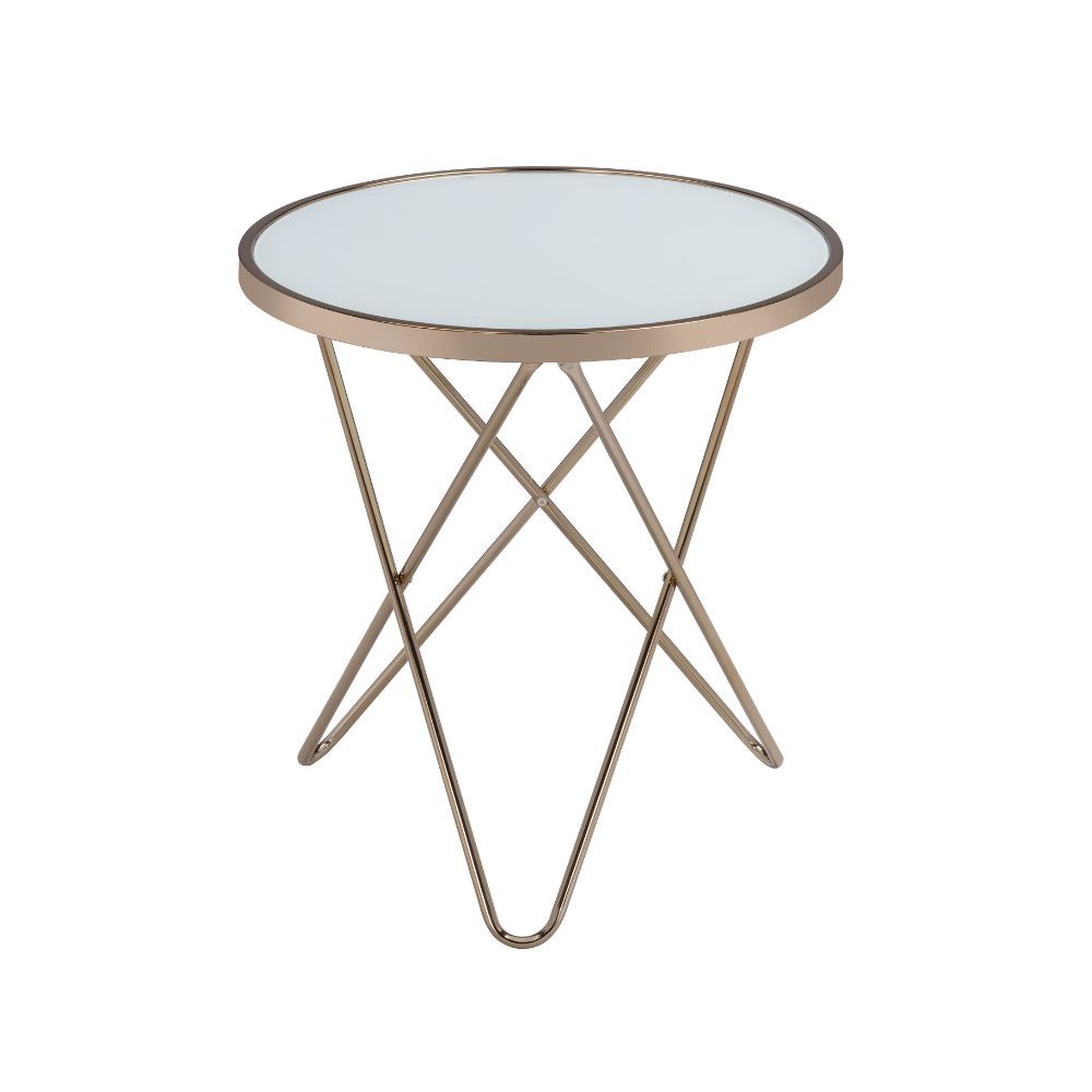 ACME Update your living room with a functional art piece. The Valora end table uses a mid-century inspired base and supports a framed frosted glass top. The collection works well as an eclectic feel. | Meri Furniture