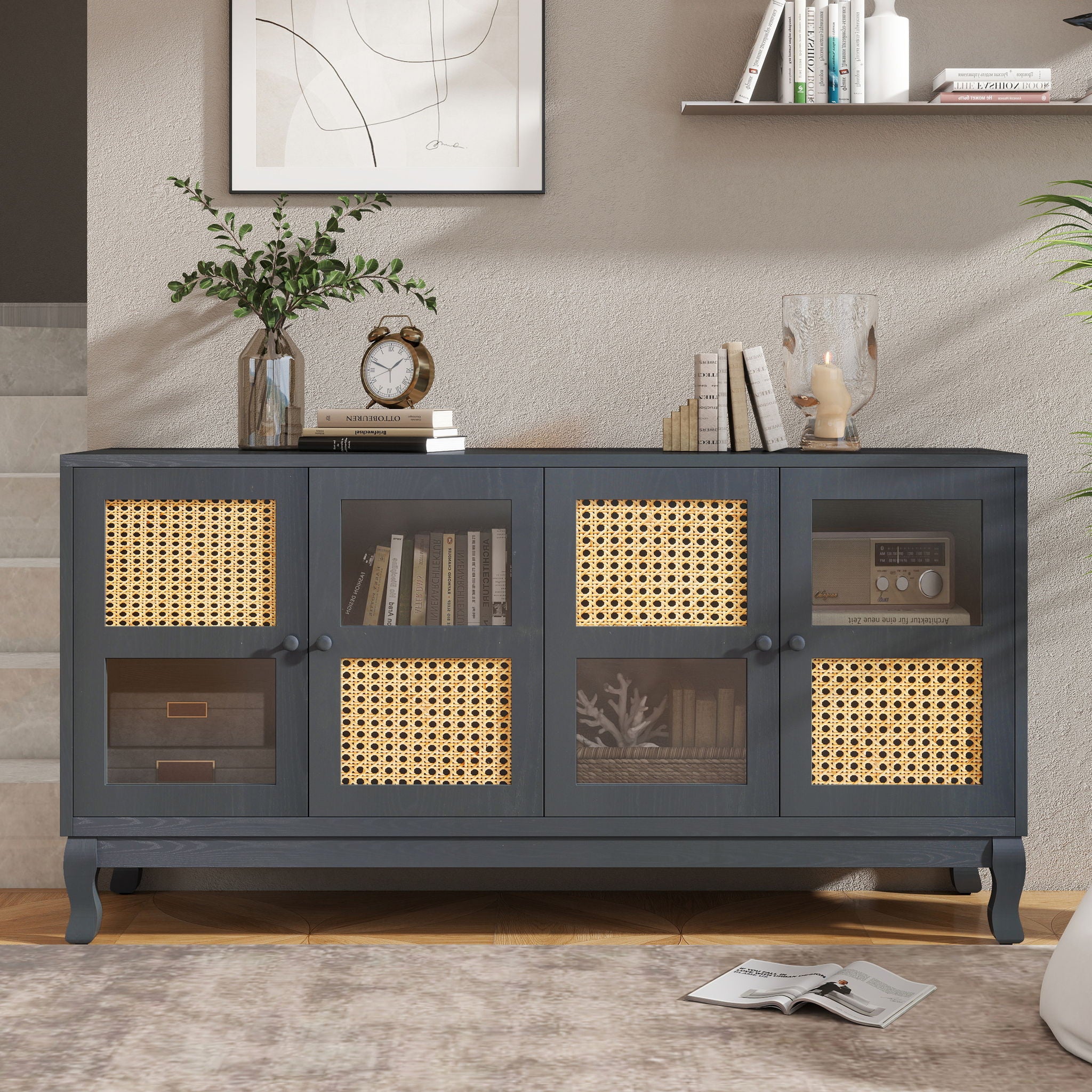 Retro Industrial 4 Door Sideboard With Large Storage, Rattan And Glass Doors