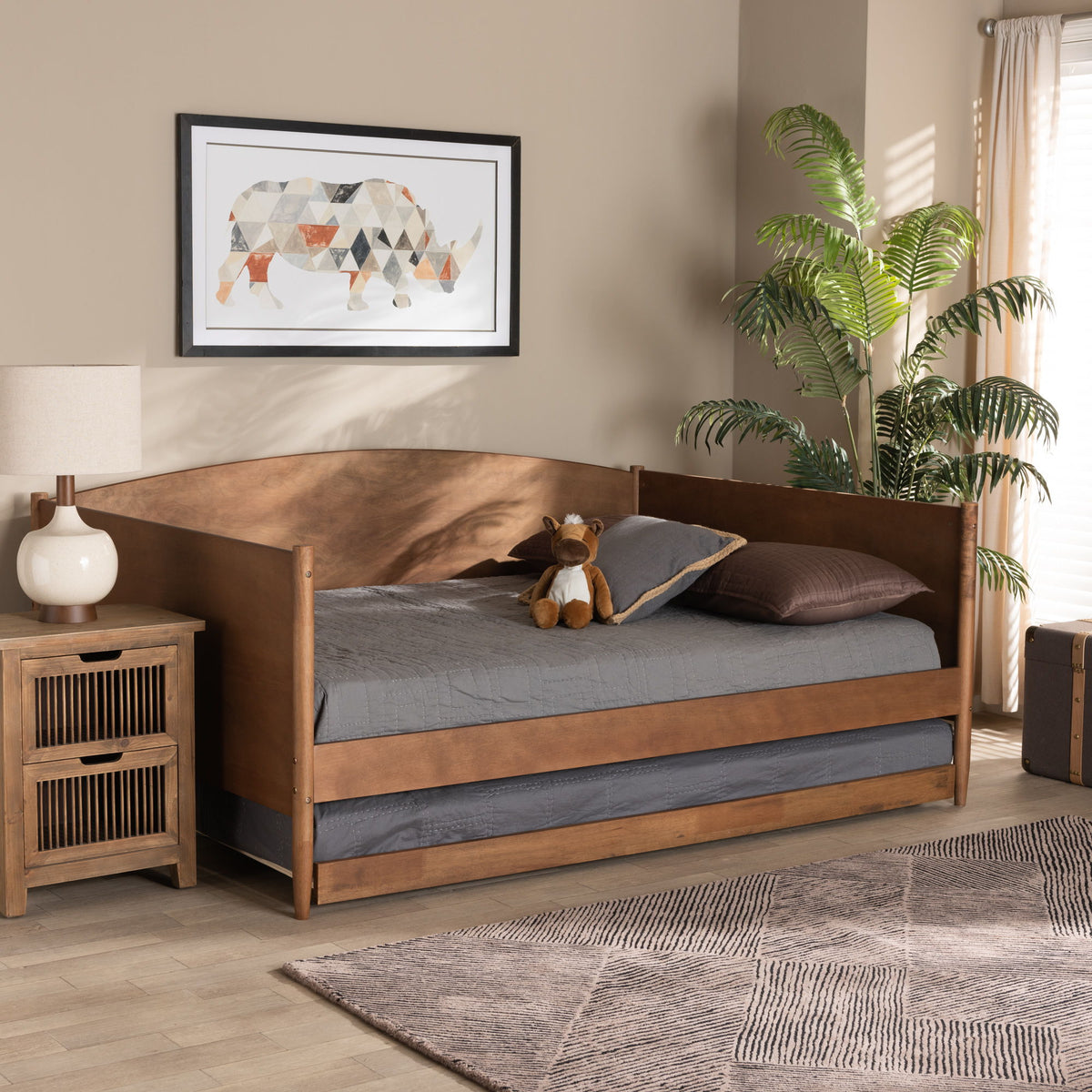 Veles Mid-Century Modern Ash Walnut Finished Wood Full Size Daybed with Trundle