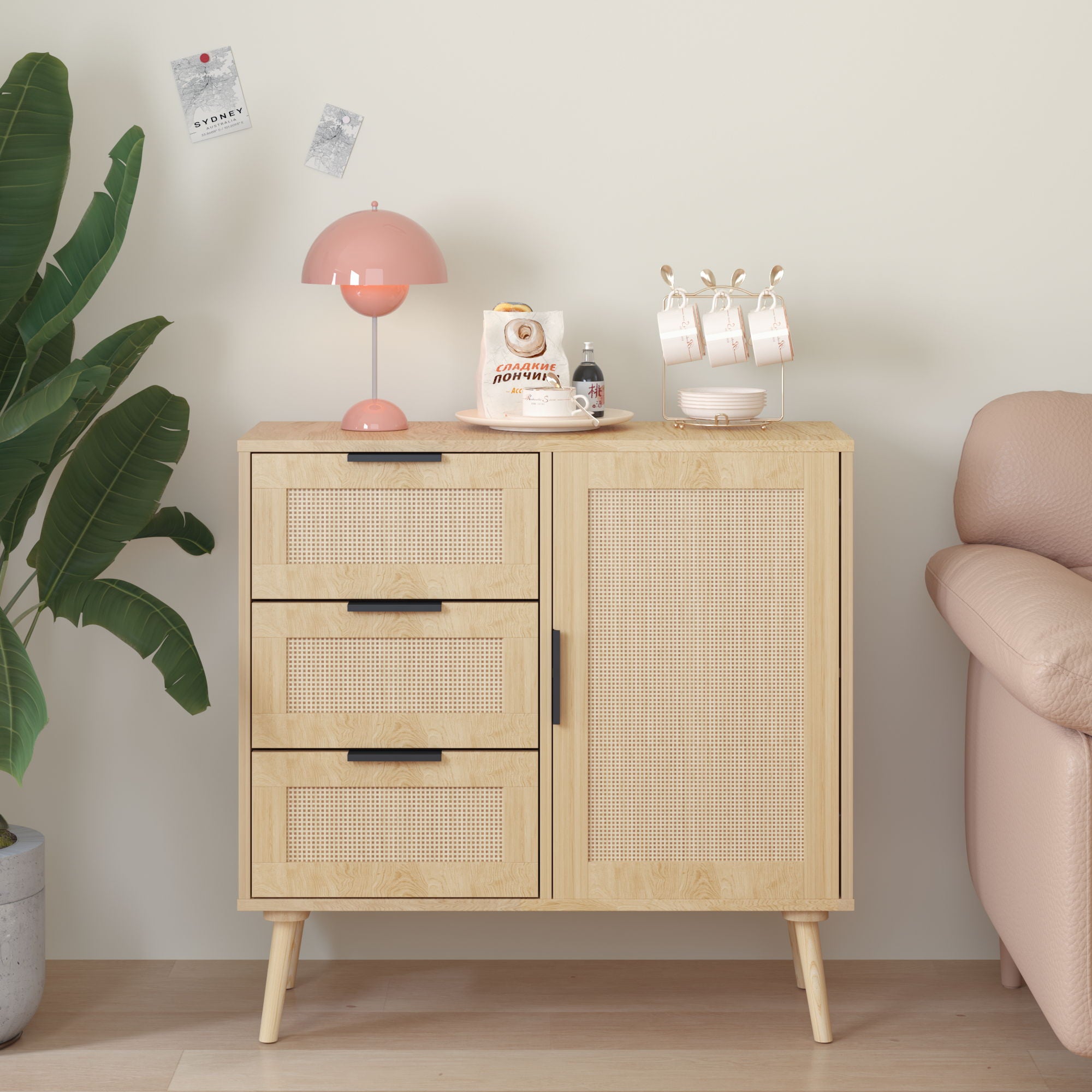 Dresser With Drawers And Adjustable Shelf - Antique Natural / Rattan