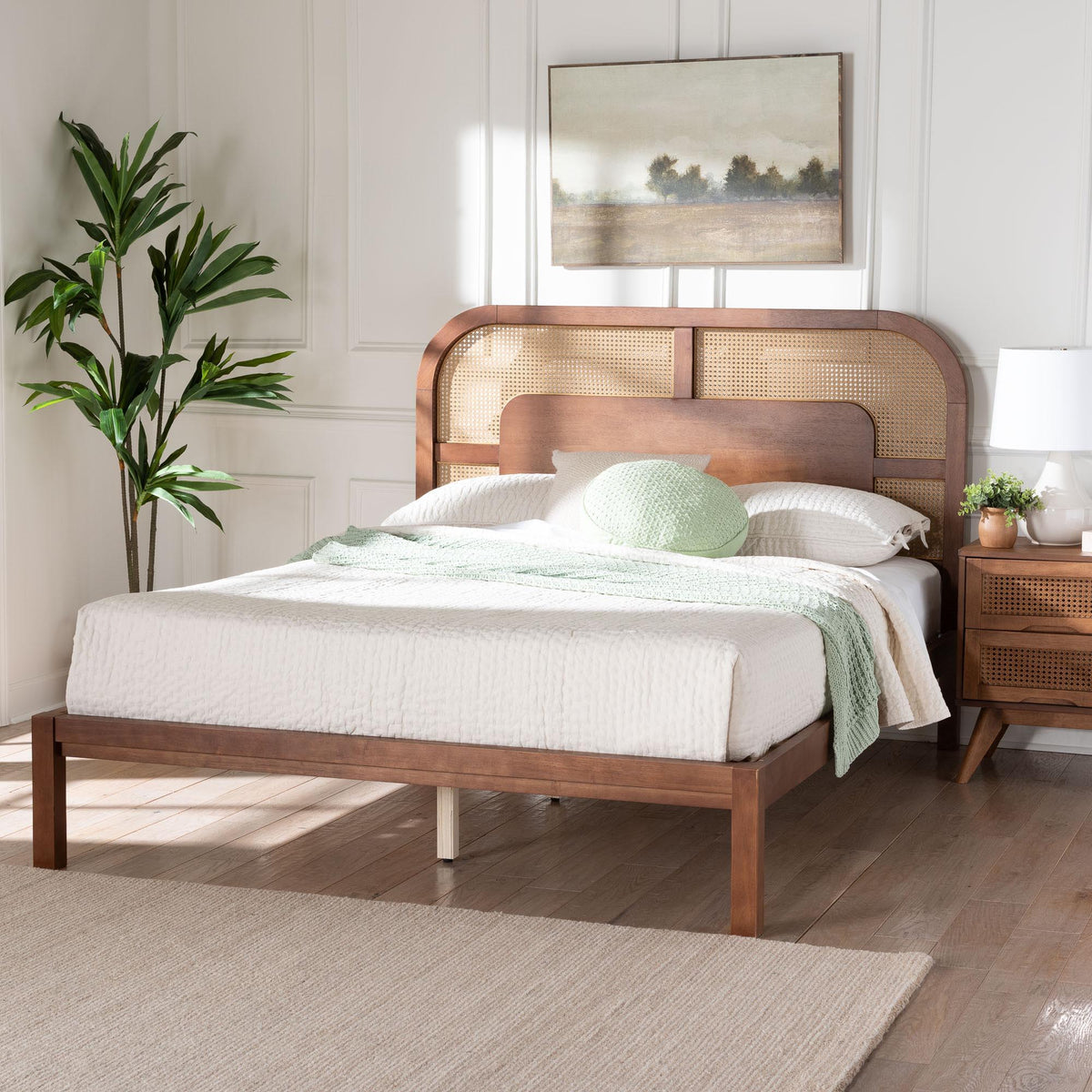 Raewyn Wood Platform Bed -  Low Profile Bed Frame with Decorative Rattan Weave Inlay and Rounded Headboard, Queen
