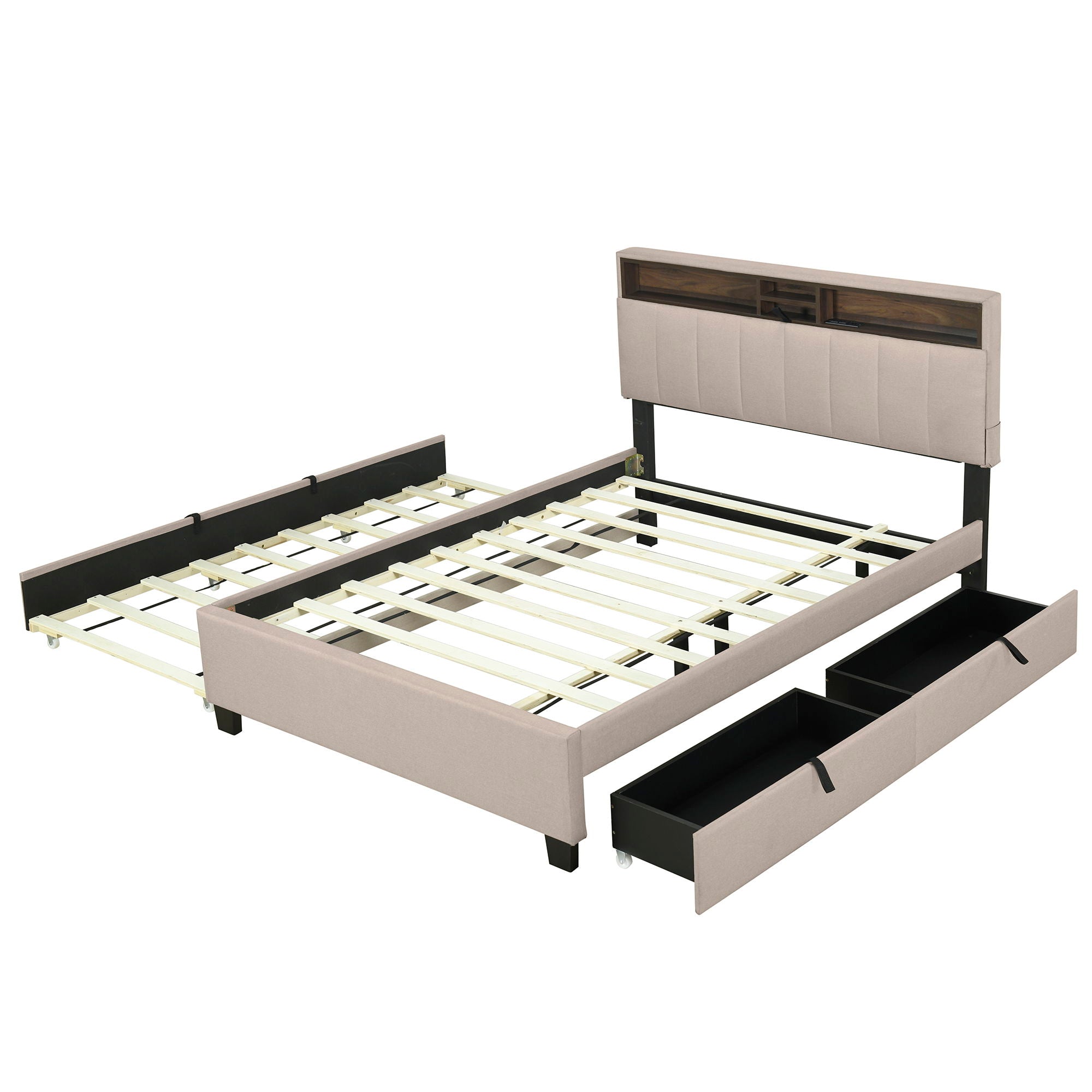 Upholstered Platform Bed With Storage Headboard, Trundle & 2 Drawers And A Set Of Sockets & USB Ports