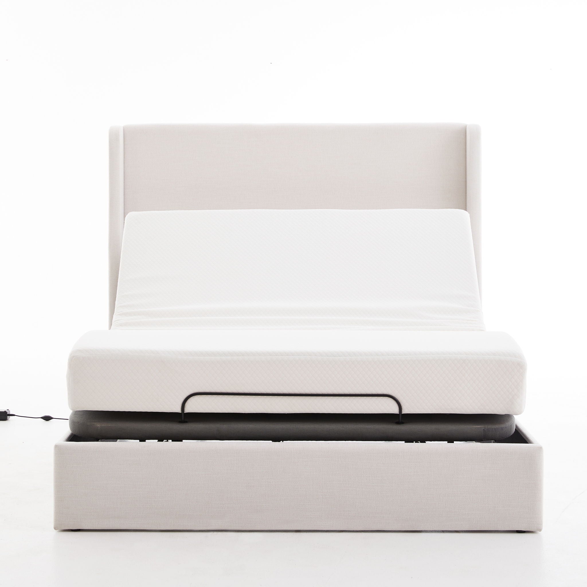 Caron - Queen Size Upholstered Wingback Bed With Adjustable Base Bundle Set - Ivory