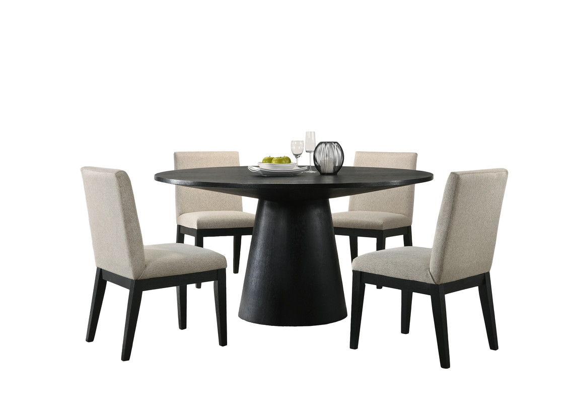 Jasper Ebony Black 5 Piece 59" Contemporary Round Dining Table Set with Pedestal Base and Beige Fabric Chairs