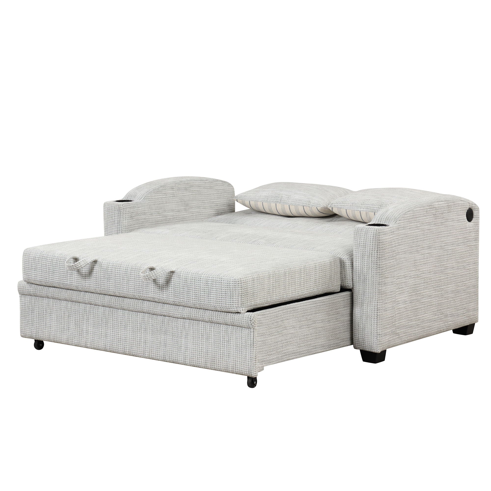 Pull Out Loveseat Sofa With Adjsutable Backrest, 2 Pillows, Cup Holders, USB Ports For Living Room