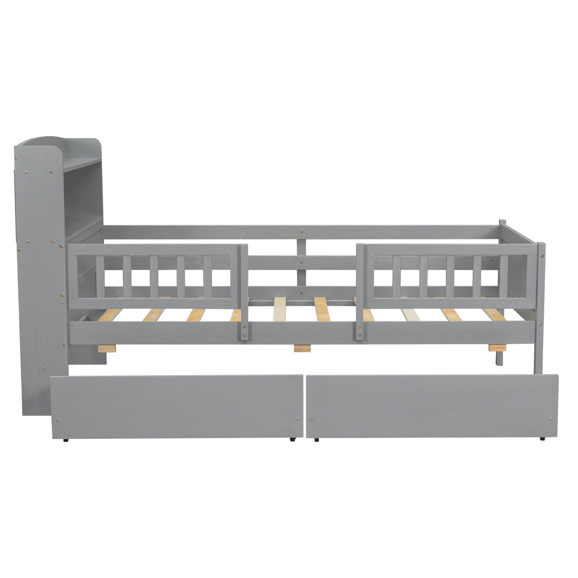 Platform Bed With LED Light, Multi Functional Headboard, Guardrail And 2 Drawers