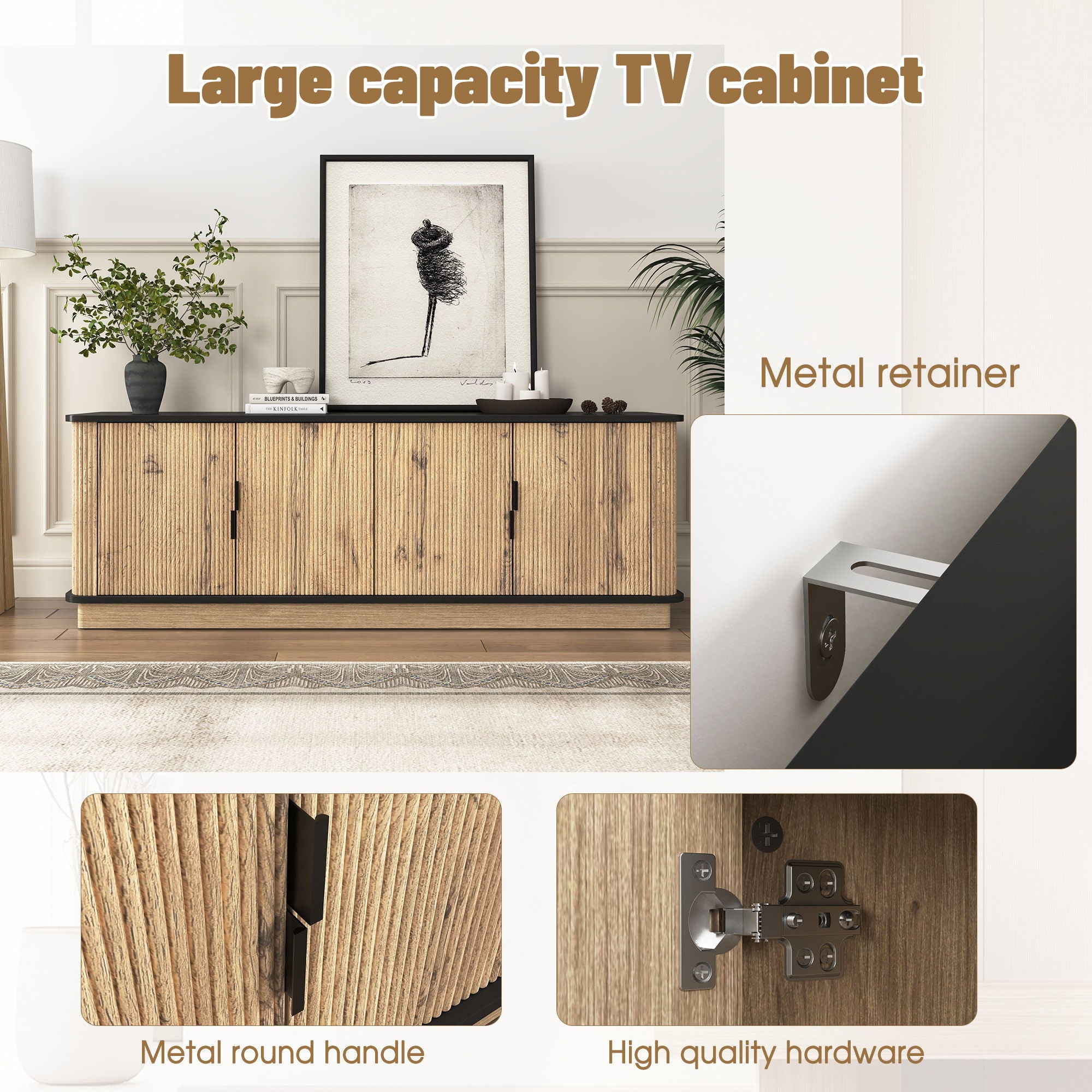 Grain 4 Door TV Cabinet, An Ideal Choice For TV And Item Storage In Modern Homes, A Perfect Blend Of Nordic And Modern Minimalist Styles - Black