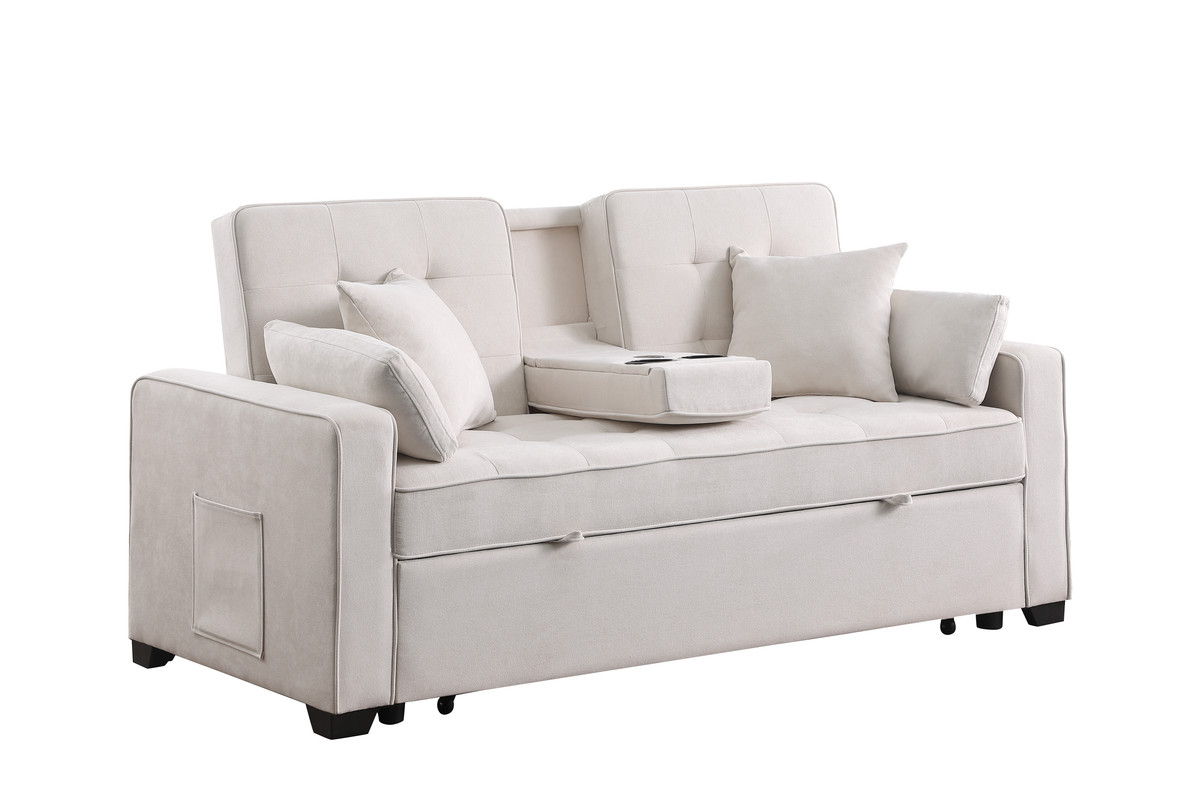 Cody II 70"W Beige Woven Fabric Convertible Sleeper Loveseat with Dropdown Console, Cup Holders, Charging Ports, Pocket, and Pocket Coil Seating