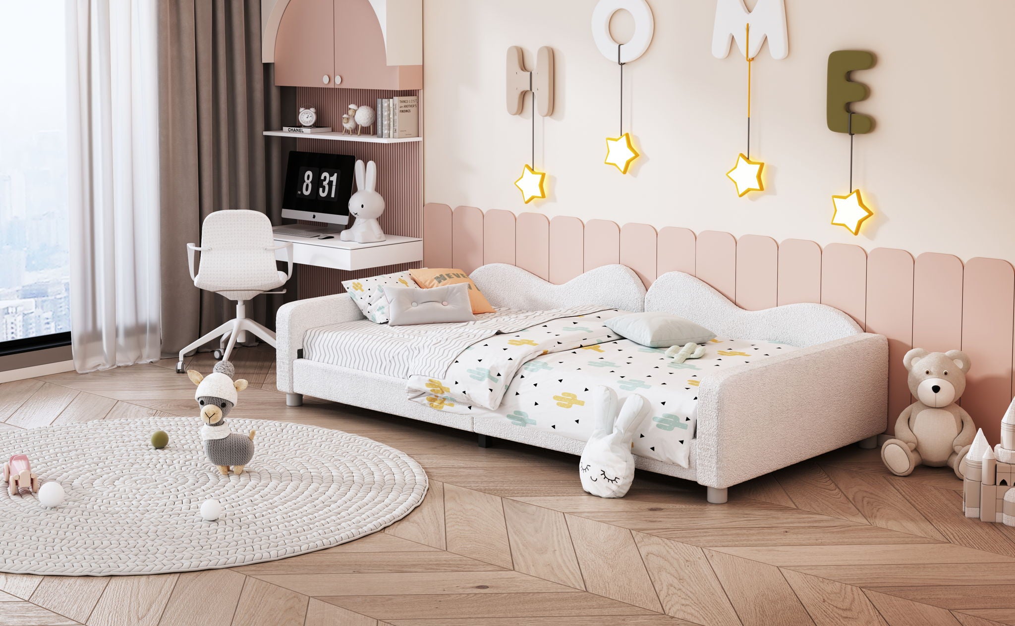 Upholstered Daybed, Sherpa Fabric Sofabed With Cloud-Shaped Backrest