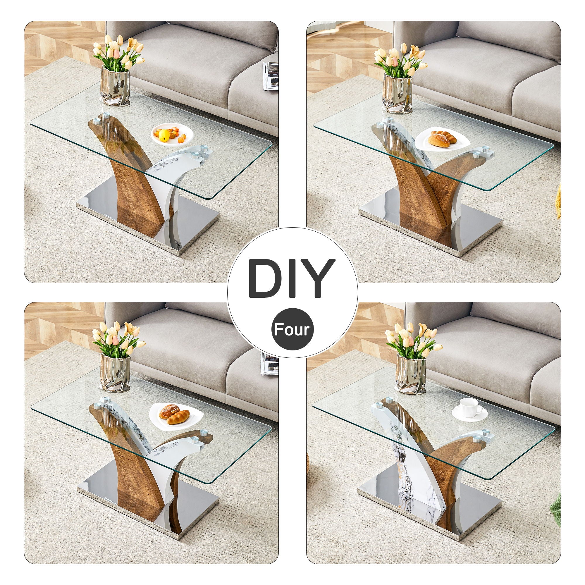 Artistic Rectangular Coffee Table With Tempered Glass Countertop