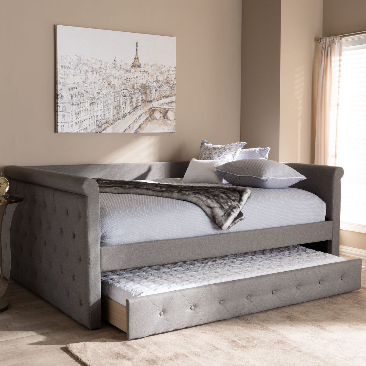 Alena Modern and Contemporary Grey Fabric Upholstered Full Size Daybed with Trundle