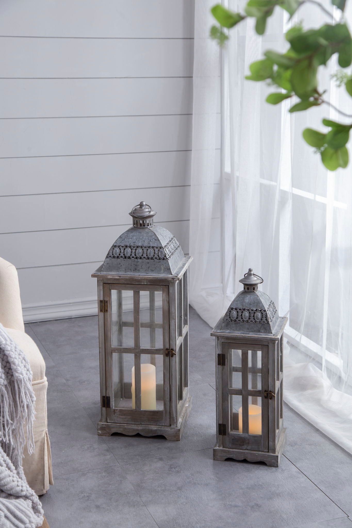 Wooden Candle Lantern Decorative, Hurricane Lantern Holder Decor For Indoor Outdoor, Home Garden Wedding - Gray