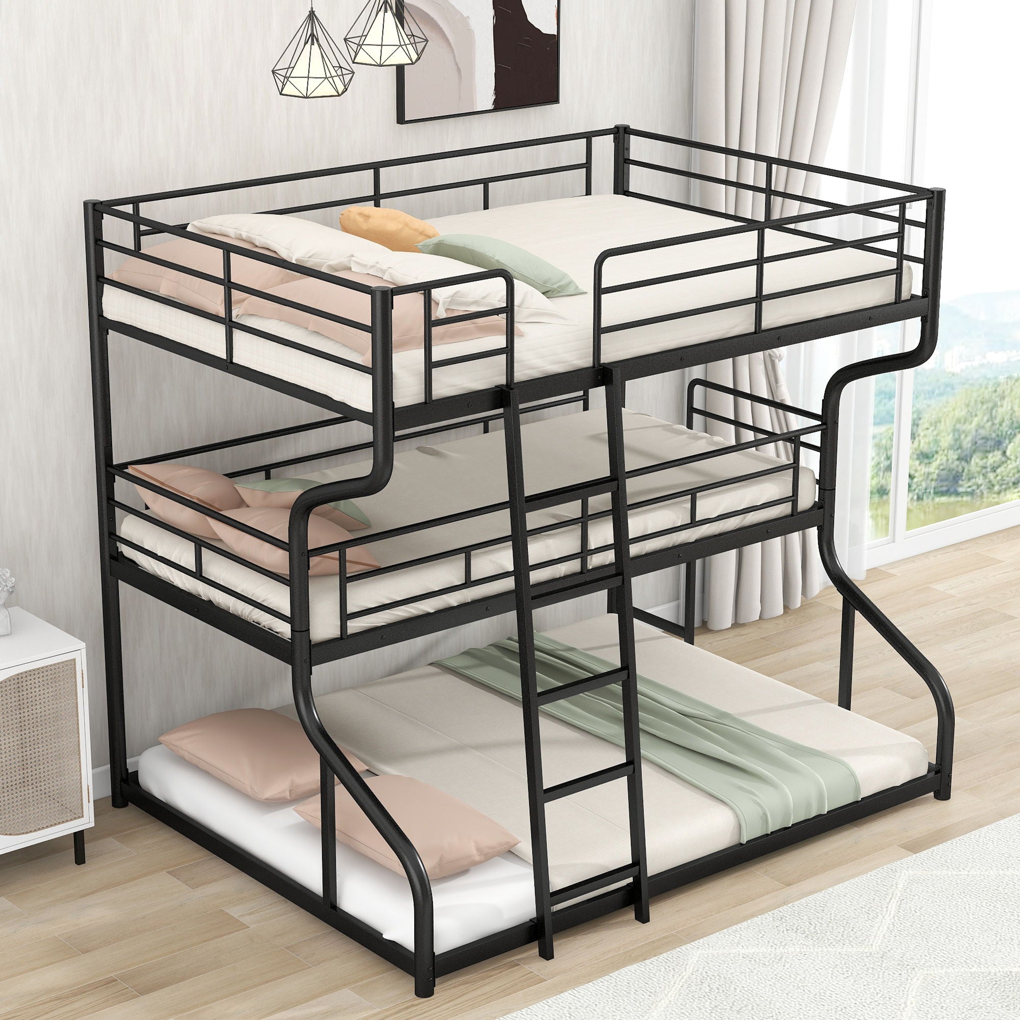 Industrial Triple Bunk Bed With Dual Ladders Frame, Space Saving Design