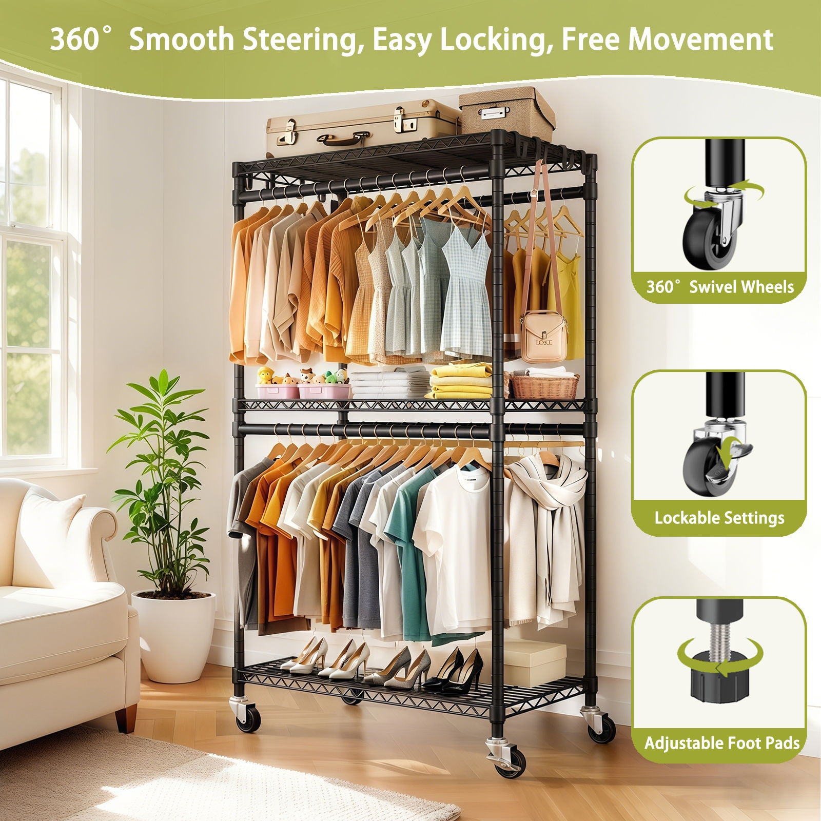 Heavy Duty Rolling Clothes Rack With 3 Tier Shelves, 2 Rails & Side Hooks, Adjustable Freestanding Organizer Metal - Black