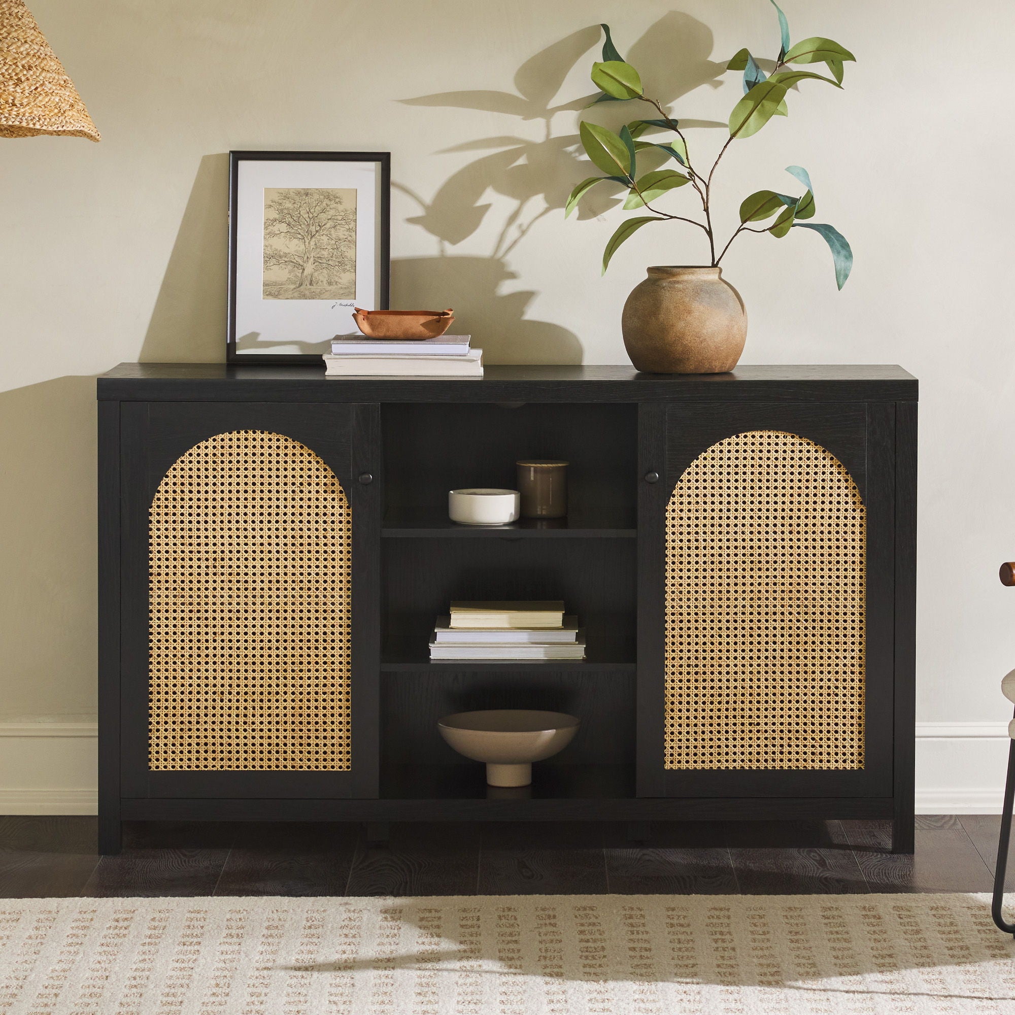Transitional 2 Door Sideboard With Arched Rattan Panels