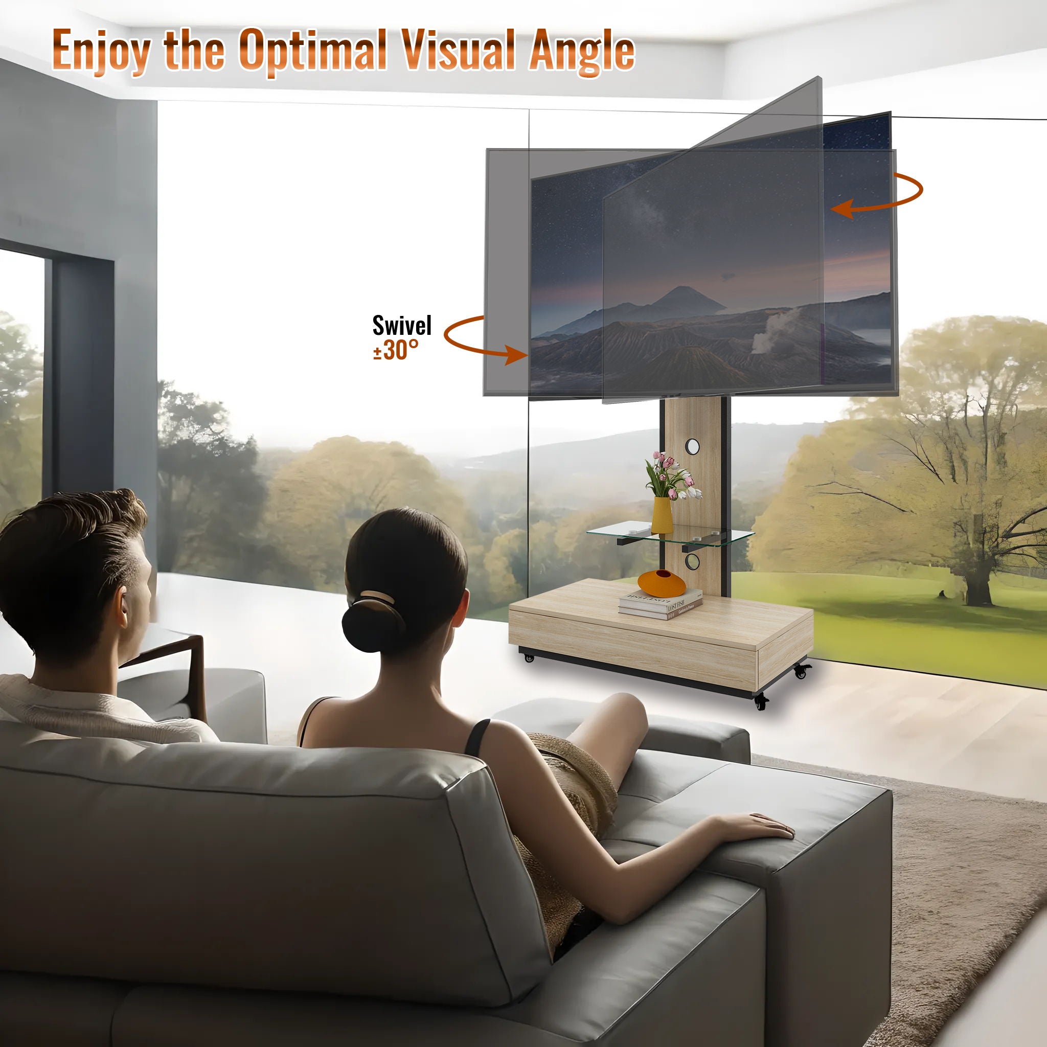 Mobile TV Cart With Push Pull Drawer, Lockable Wheels
