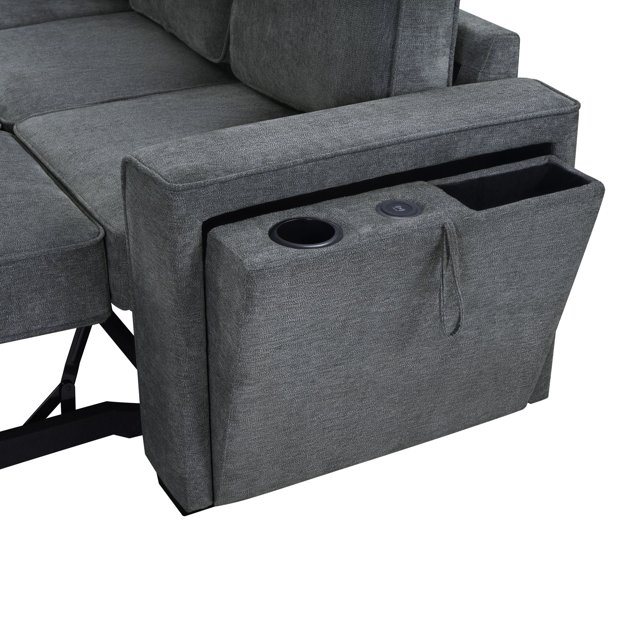 Convertible Sectional L-Shaped Sofa With Dual Pull-Out Sleepers, Flip-Top Table, USB Ports, Cup Holder & Storage