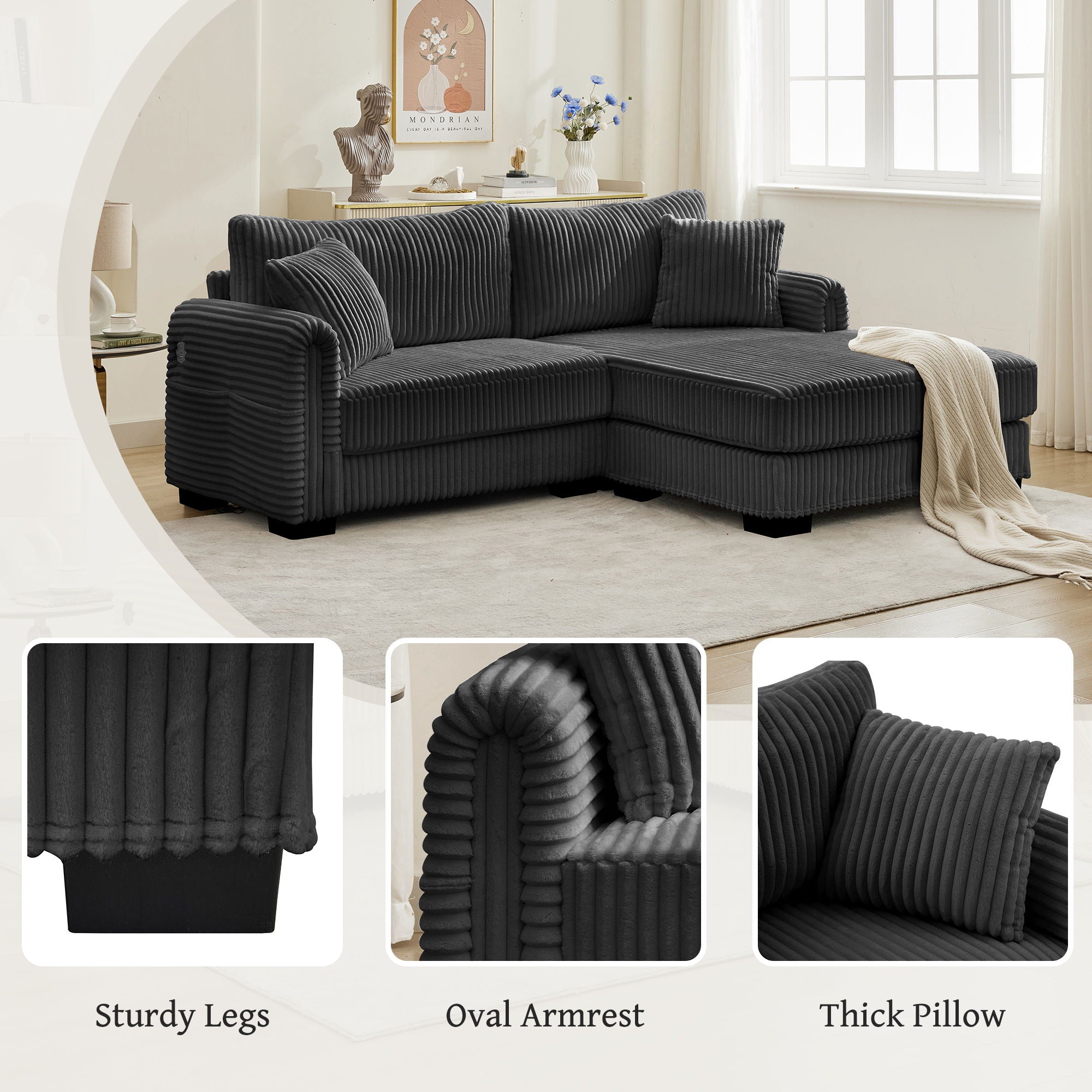 2 Seater L Shaped Chaise Sofa With Reversible Cushion, USB - C Charging Port, Storage Pocket, Convertible Left / Right Design