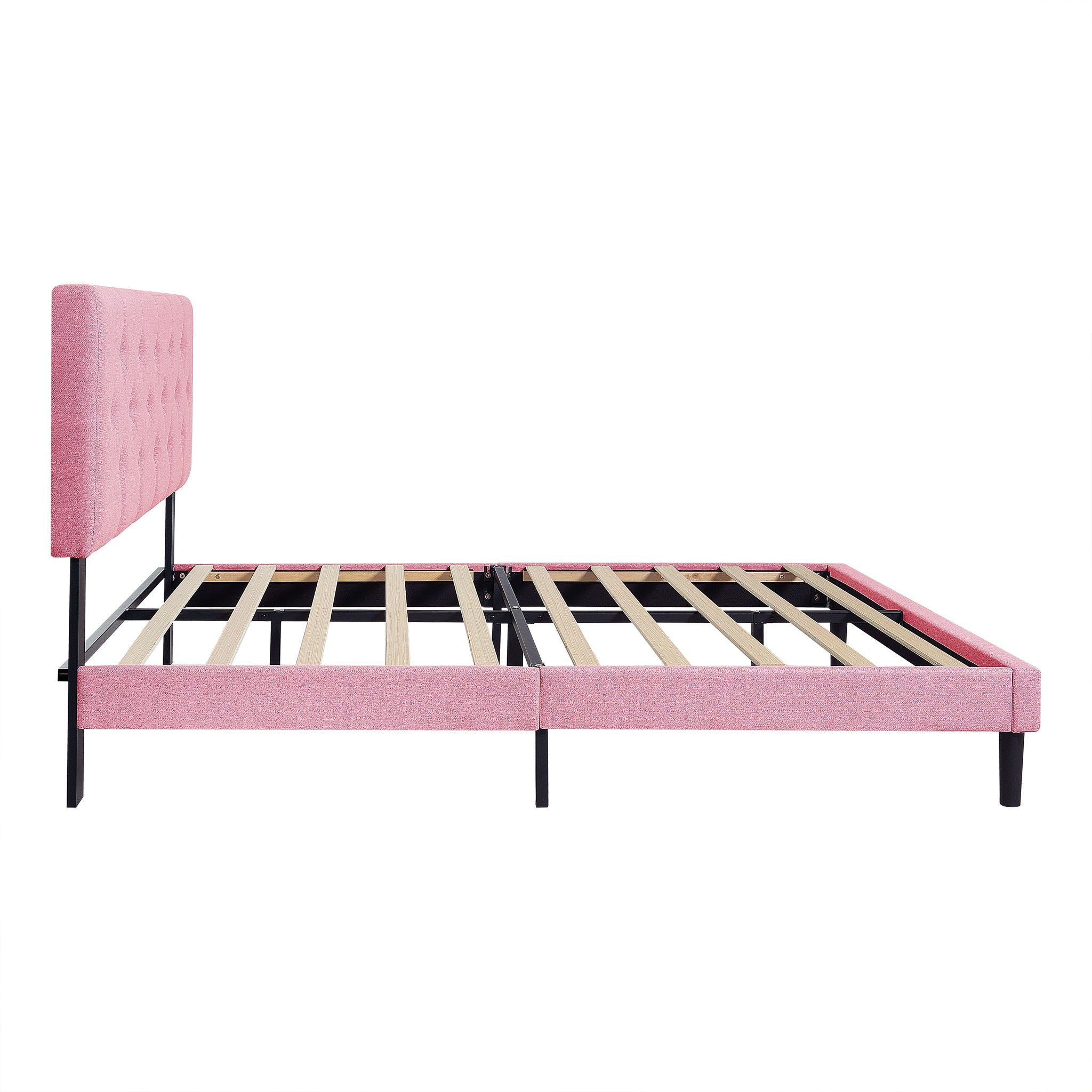 Modern Upholstered Platform Bed Frame With Button Tufted Linen Fabric Headboard