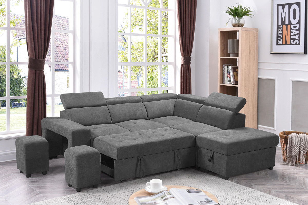 Henrik 97"W Light Gray Sleeper Sectional Sofa with Storage Ottoman and 2 Stools