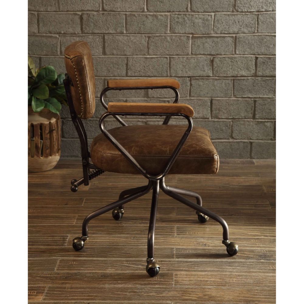 ACME Our durable Hallie office chair gets its industrial look from oversized button tufted back and vintage top grain leather. The 5-star swivel base fitted with casters, it keeps you moving from one task to the next. Some Assembly Required. | Meri Furnit